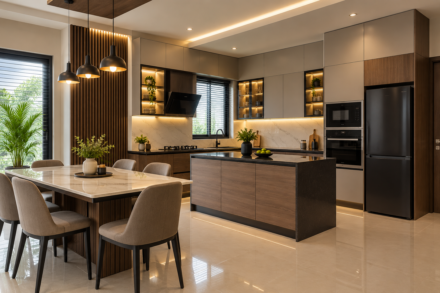 Kitchen connected to dining interior
